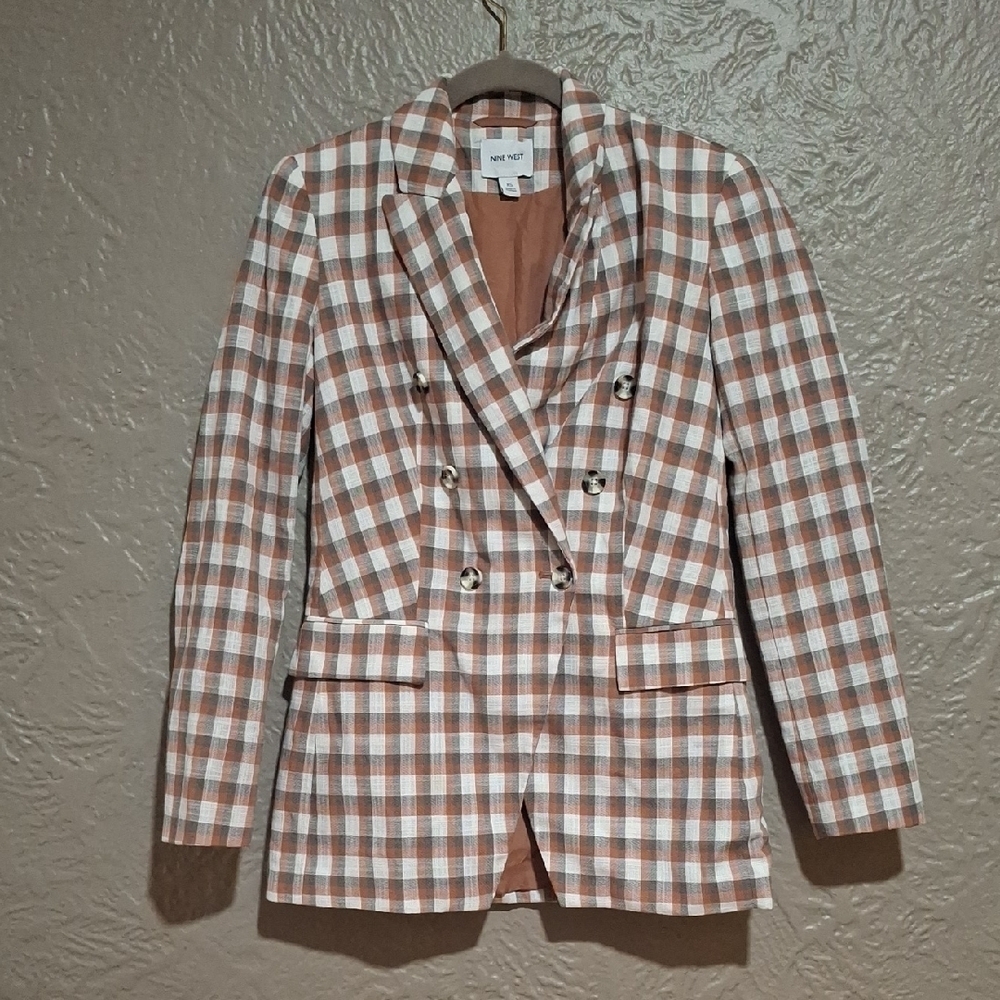 Nine West Women's Brown and White Checkered Blazer XS